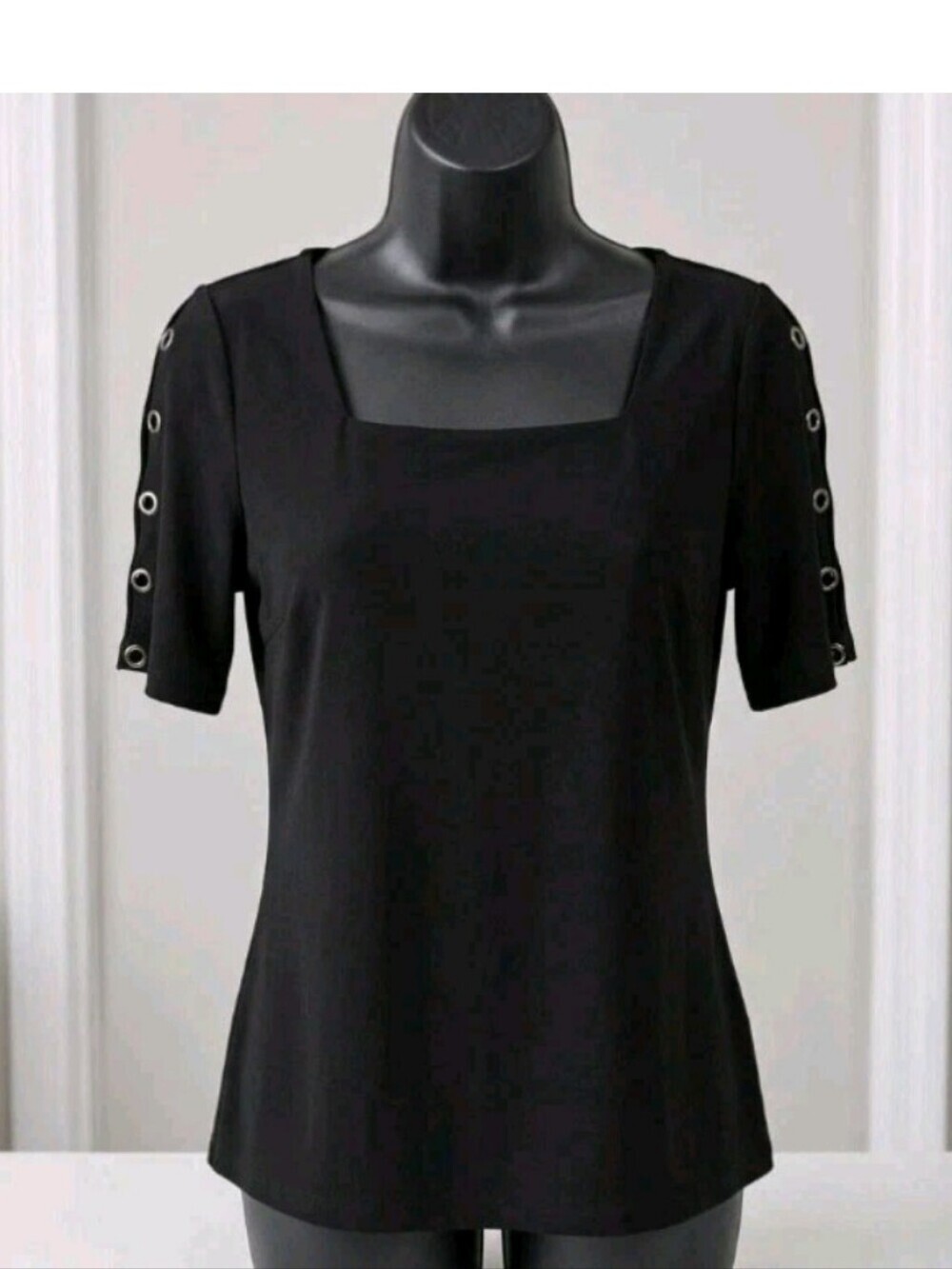 Tahari Black Square-Neck Top with Eyelet-Trim Sleeves
